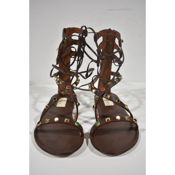 Valentino Rockstud Brown Beaded Strap Gladiator Lace Up Tie Ankle Flat Sandal 38 - Picture 16 of 16